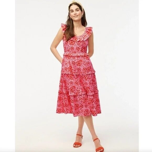 J.Crew Womens 2 Azalea Belvedere Ruffle Midi Dress Red Pink Floral Valentine's - Picture 1 of 11